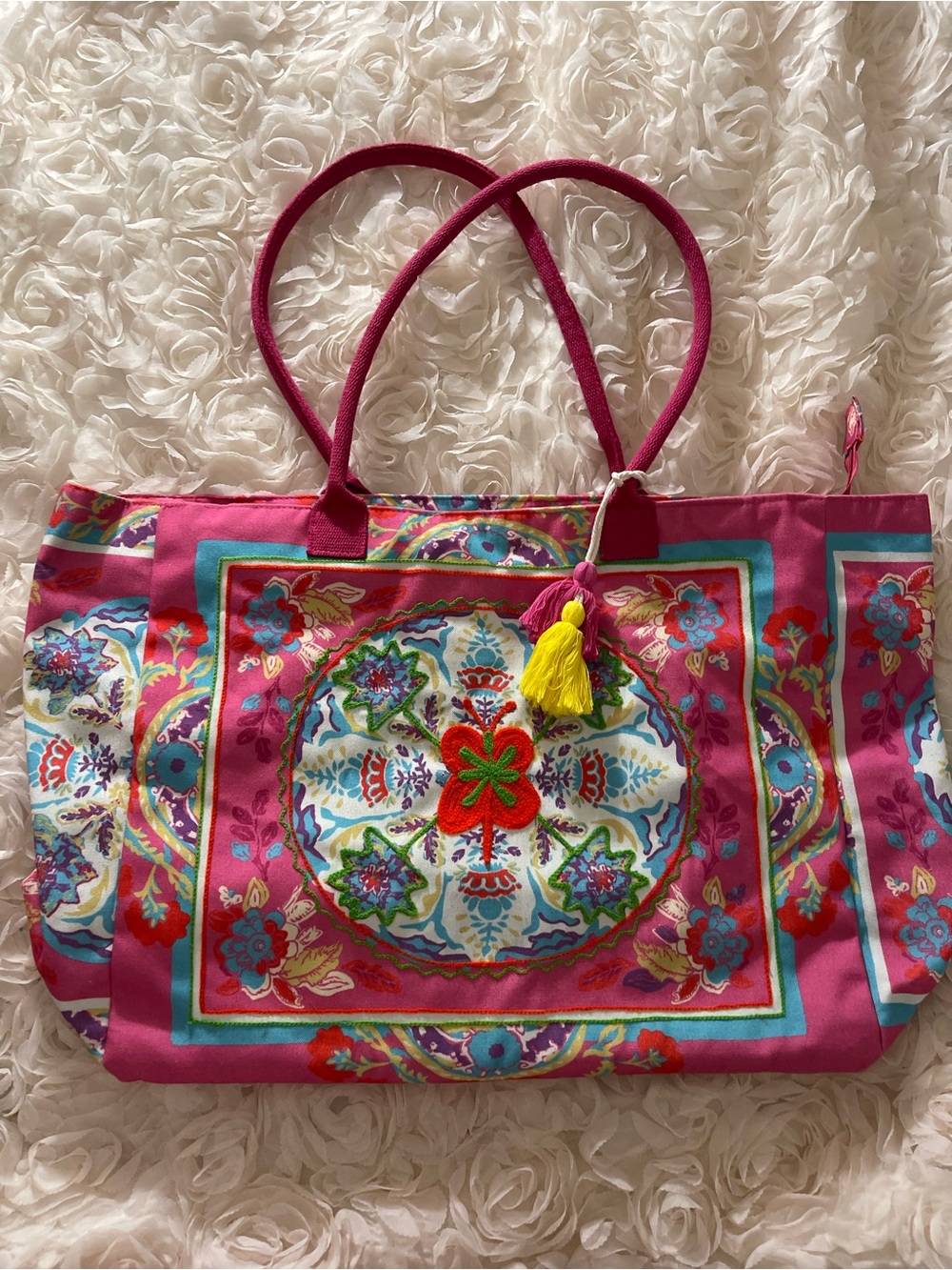 Giardino D’Oriente Boho Fuchsia Floral Embroidered Tote Bag